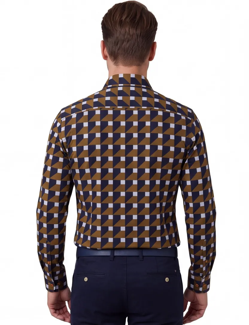 Bruin blauw printje Ledub overhemd modern fit