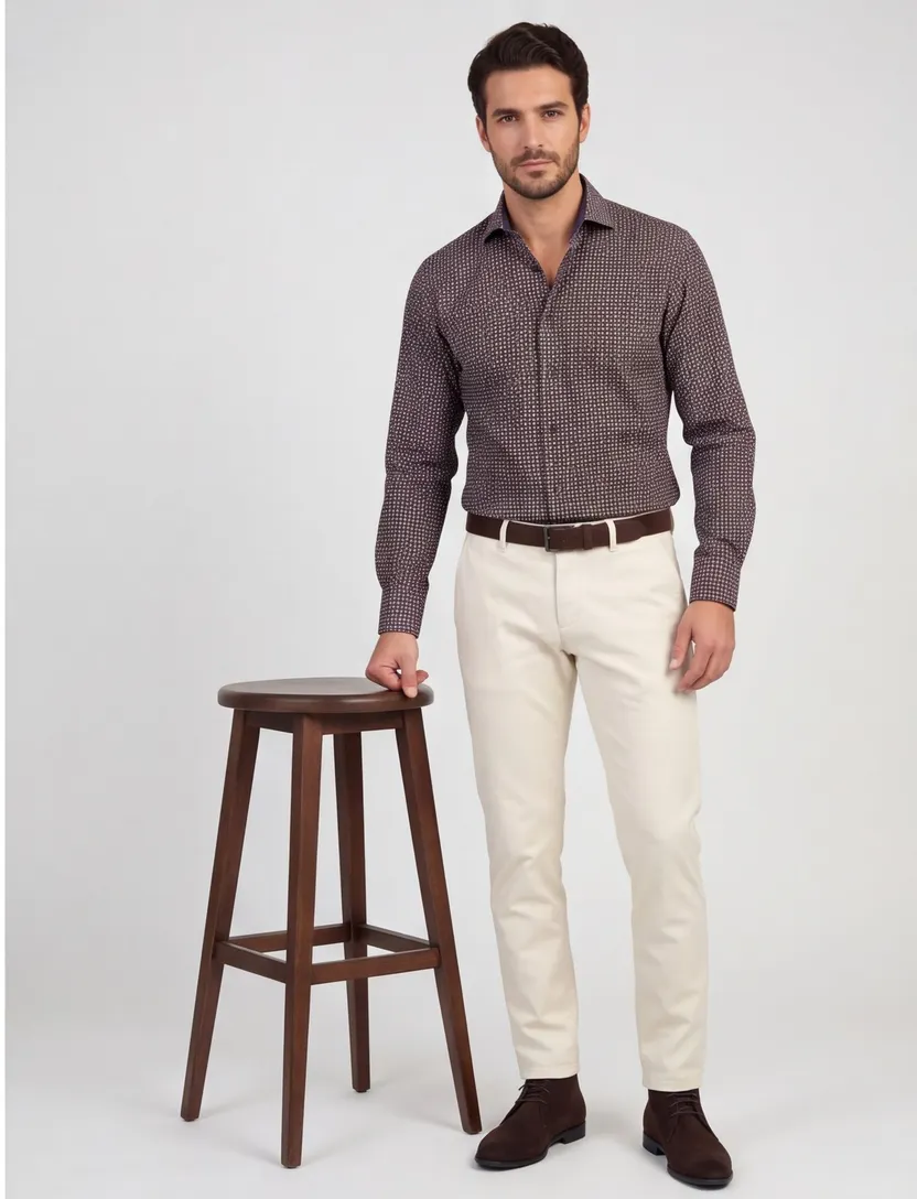 Ledub overhemd bruin blauw geprint modern fit