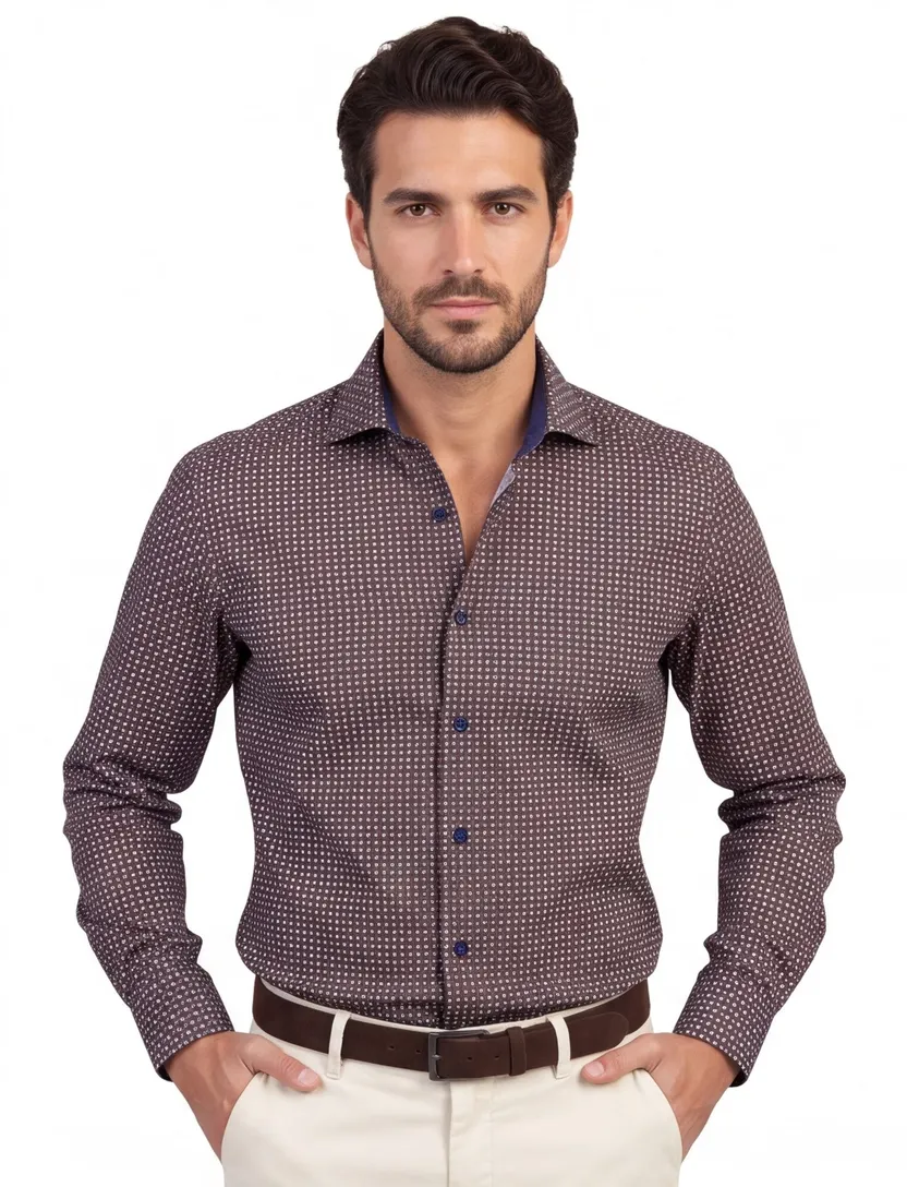 Ledub overhemd bruin blauw geprint modern fit