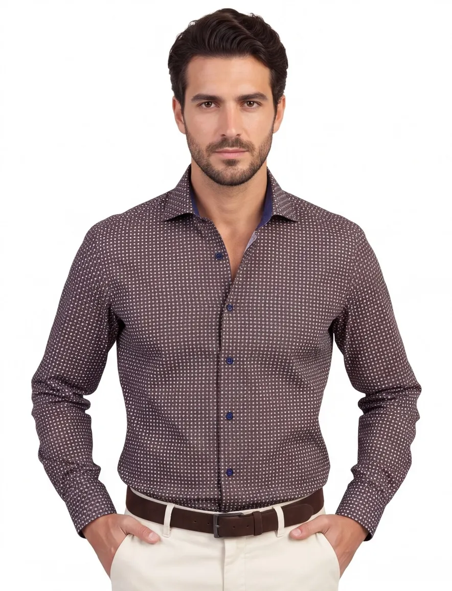 Ledub overhemd bruin blauw printje modern fit