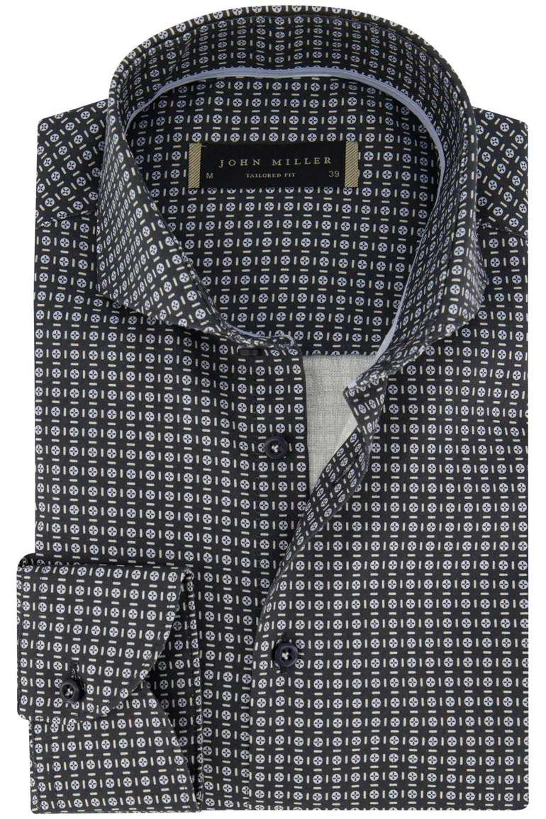 John Miller overhemd zwart geprint tailored fit