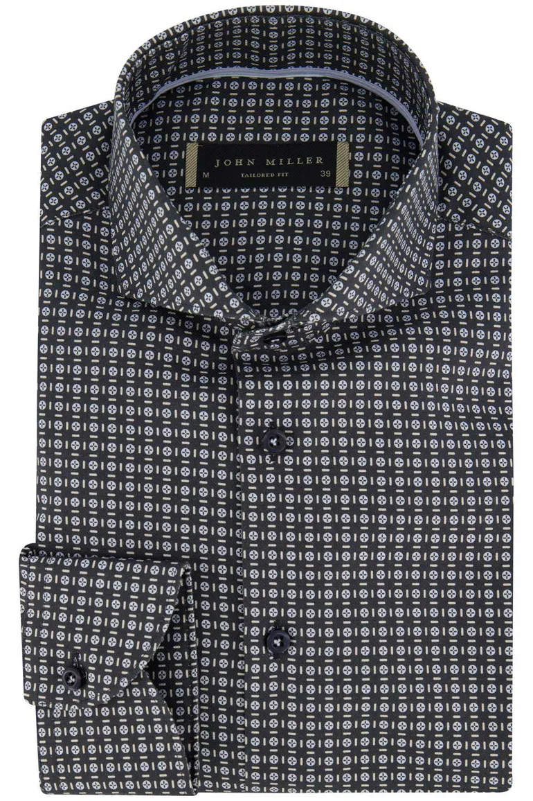 John Miller overhemd zwart geprint tailored fit
