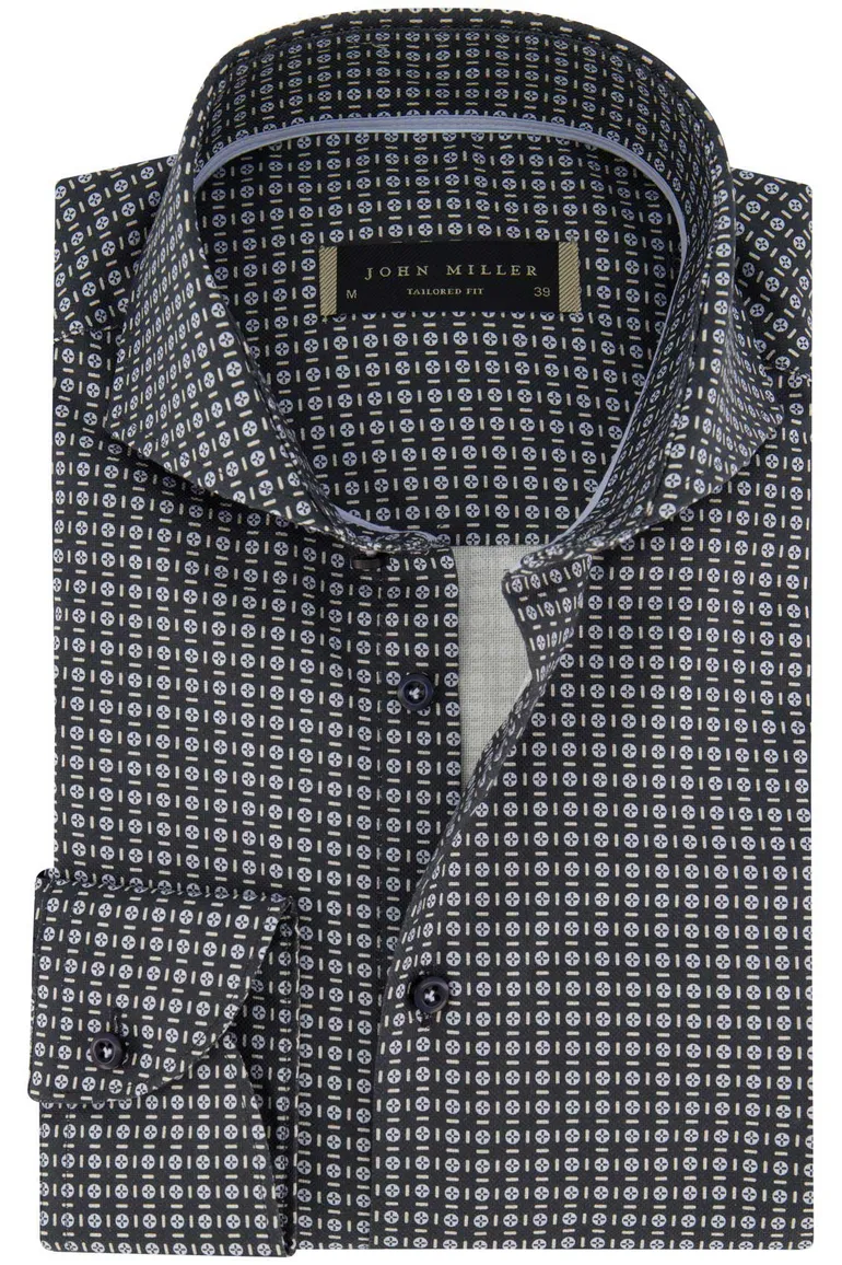 Zwart blauw geprint John Miller overhemd mouwlengte 7 Tailored Fit