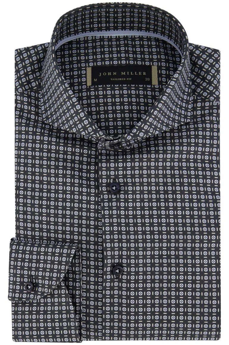 Zwart blauw geprint John Miller overhemd mouwlengte 7 Tailored Fit