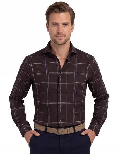 John Miller Bruin geruit John Miller business overhemd normale fit katoen