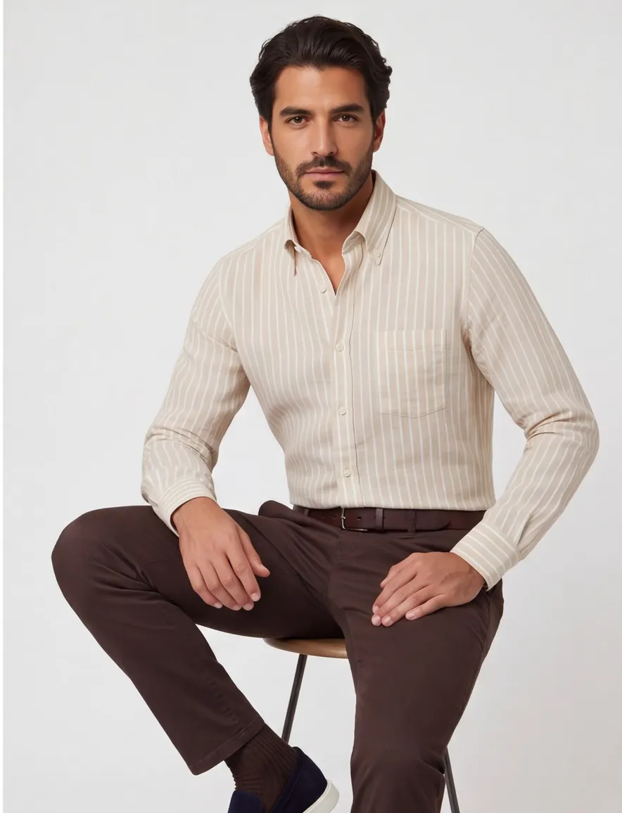 Wijde fit Paul & Shark overhemd linnen beige gestreept