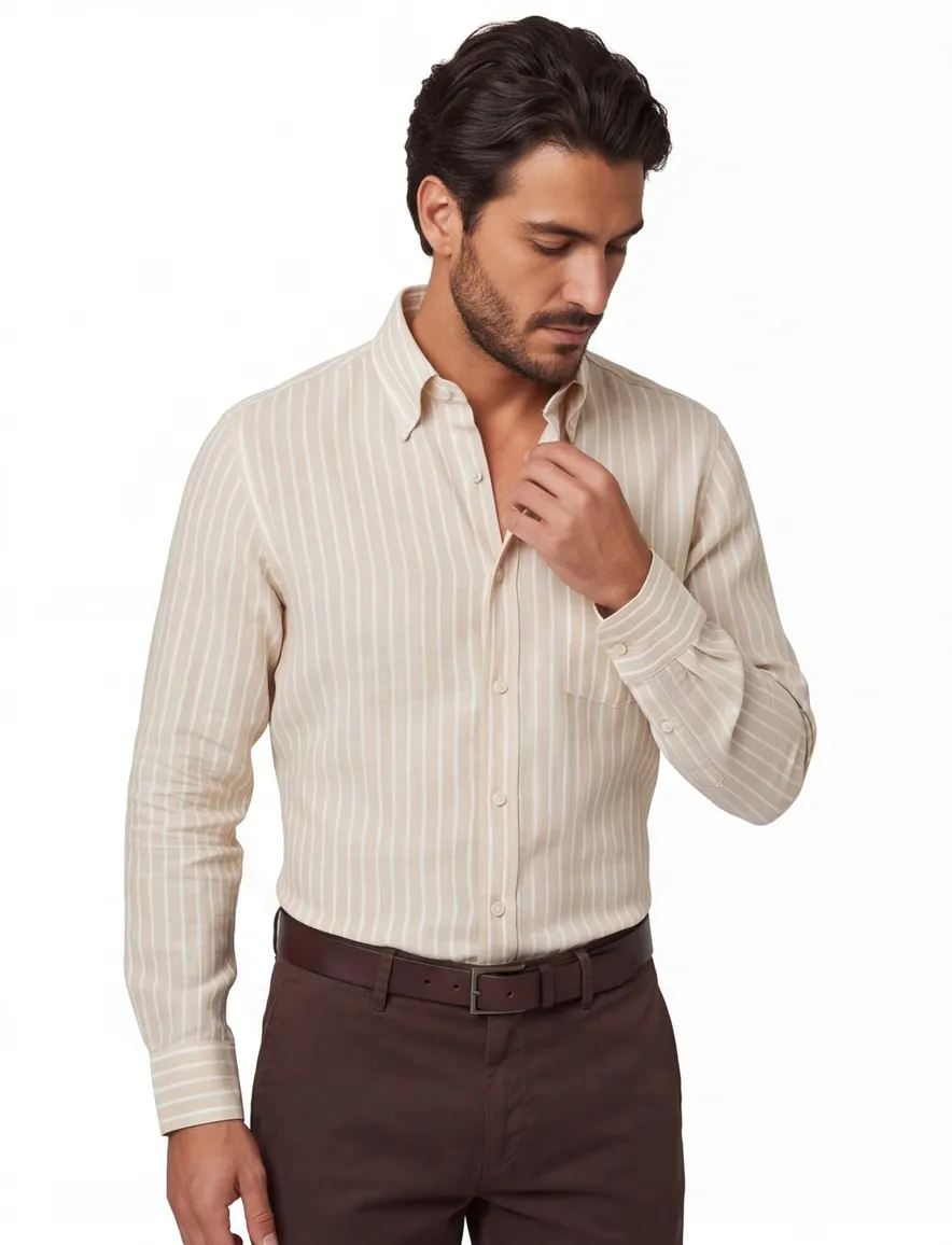 Wijde fit Paul & Shark overhemd linnen beige gestreept