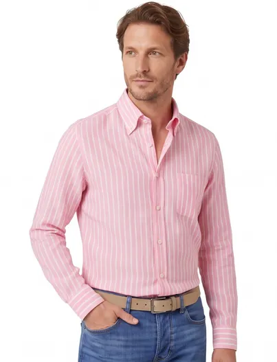 Paul & Shark Paul & Shark casual overhemd wijde fit wit lichtroze gestreept linnen