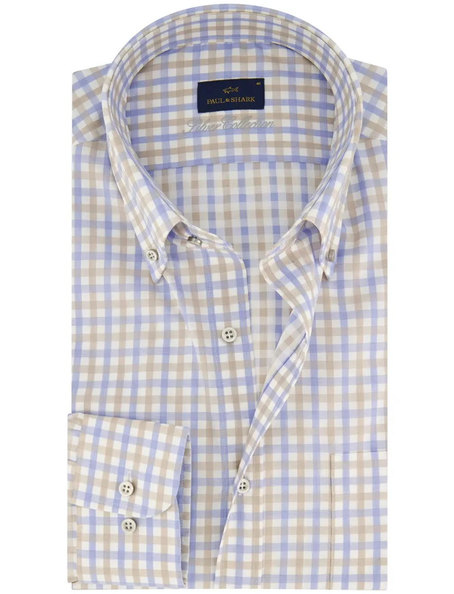 Katoenen Paul & Shark beige/blauw geruit overhemd wijde fit