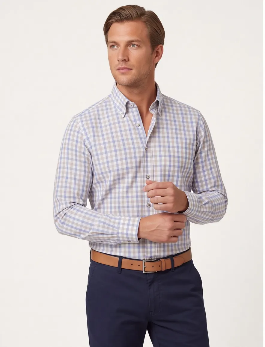 Katoenen Paul & Shark beige/blauw geruit overhemd wijde fit