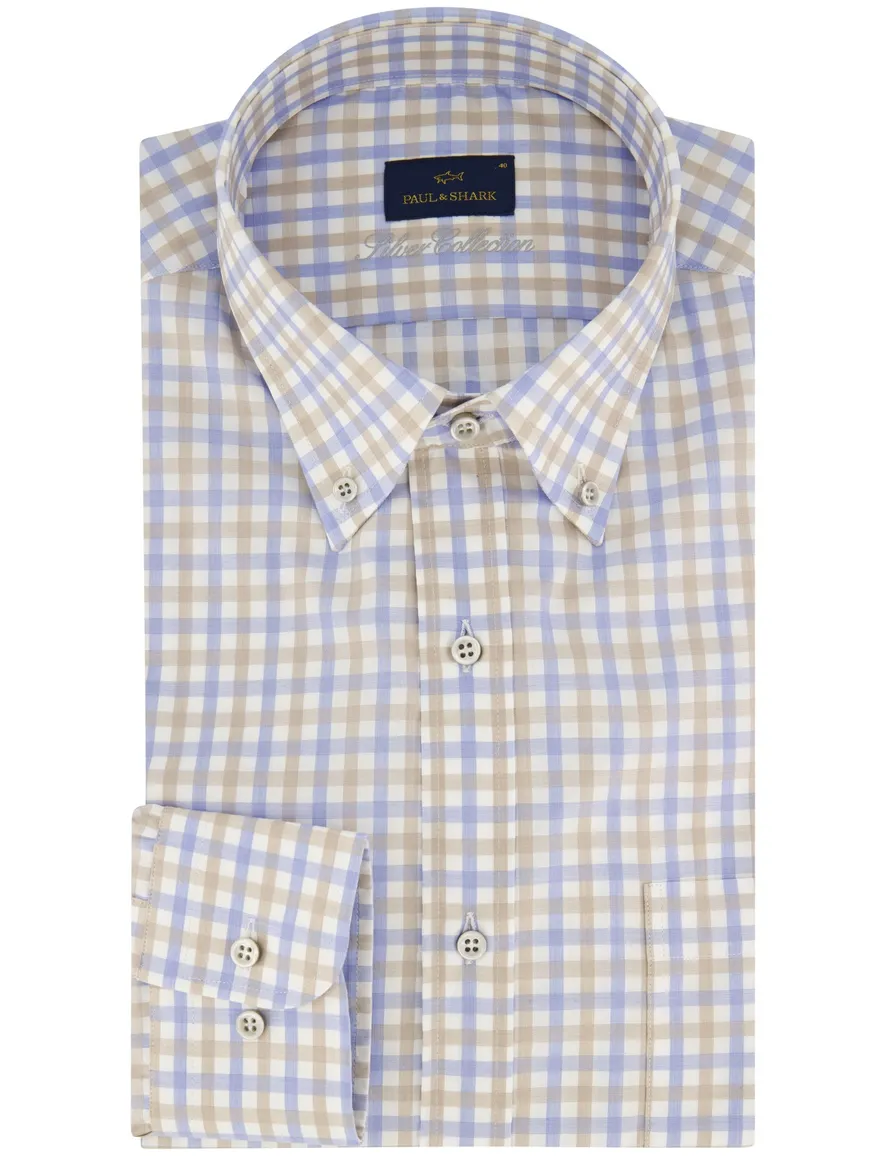 Katoenen Paul & Shark beige/blauw geruit overhemd wijde fit
