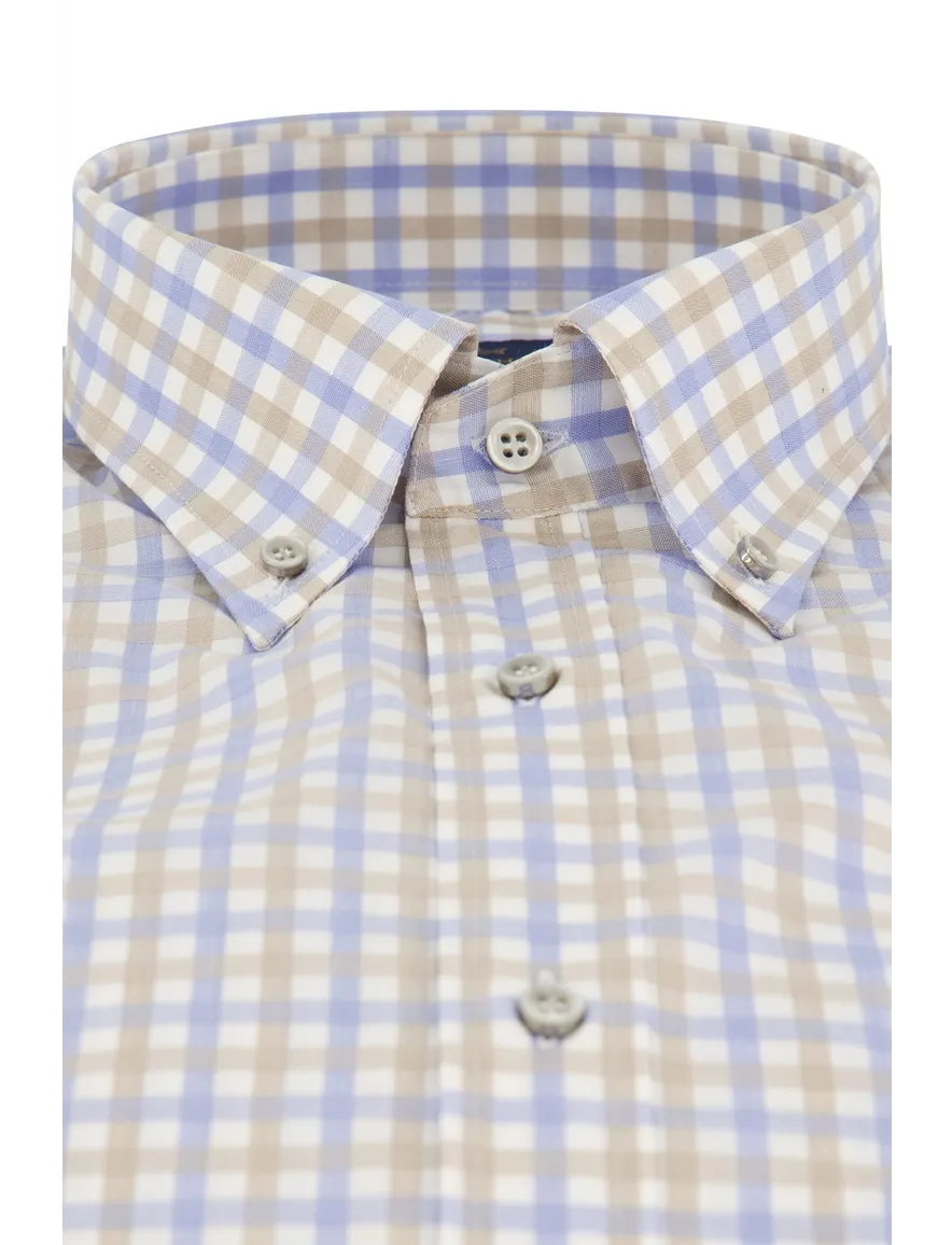 Katoenen Paul & Shark beige/blauw geruit overhemd wijde fit