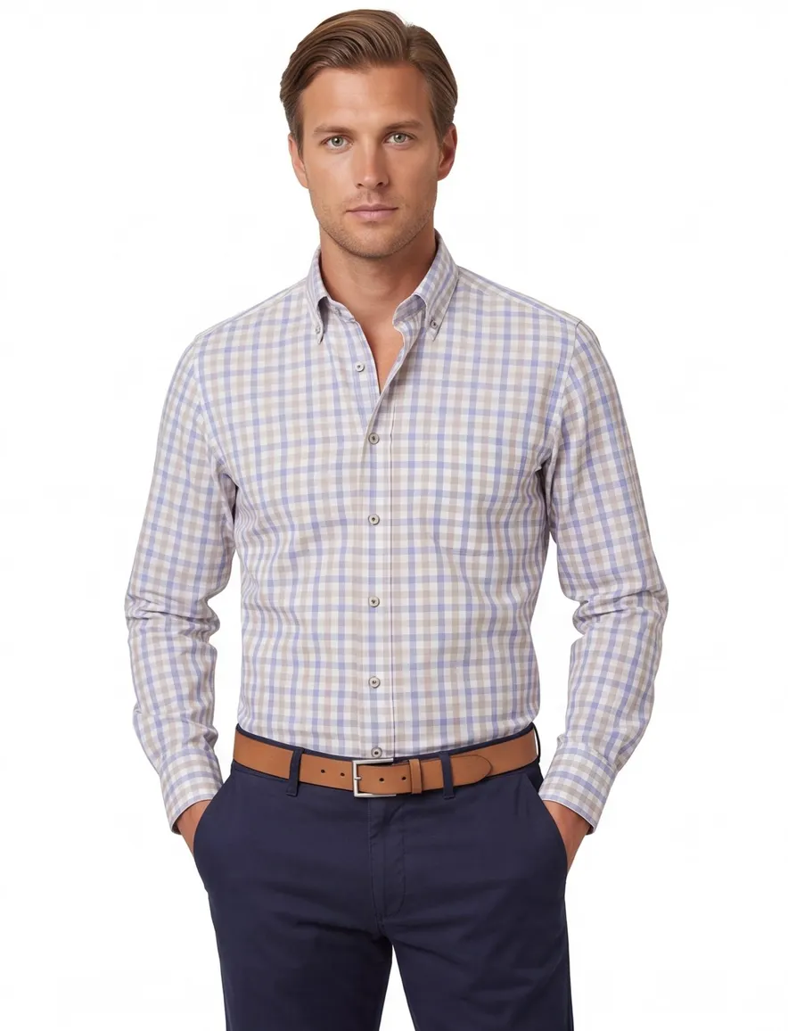 Katoenen Paul & Shark beige/blauw geruit overhemd wijde fit