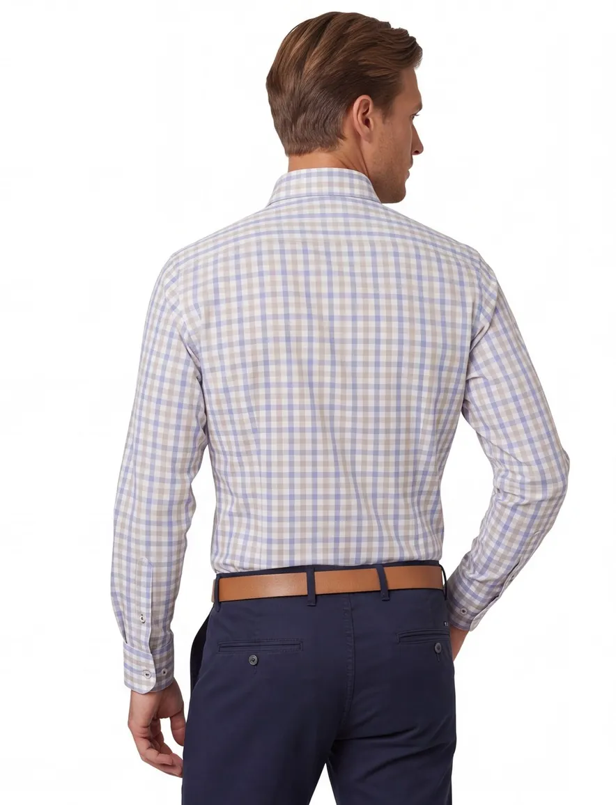 Katoenen Paul & Shark beige/blauw geruit overhemd wijde fit
