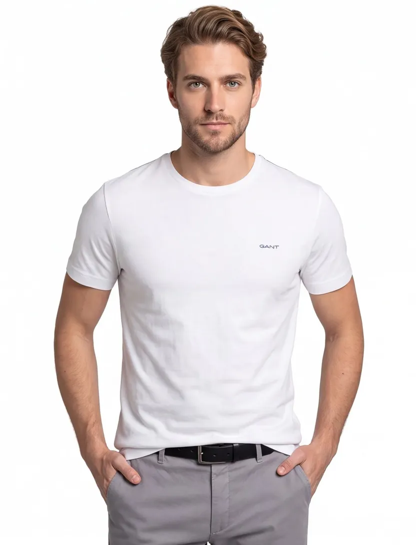 Gant t-shirt wit effen katoen ronde hals blauw logo