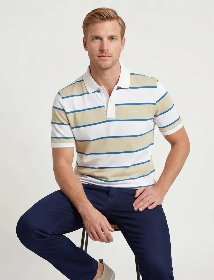 Gant polo katoen beige gestreept normale fit korte mouw 2-knoops