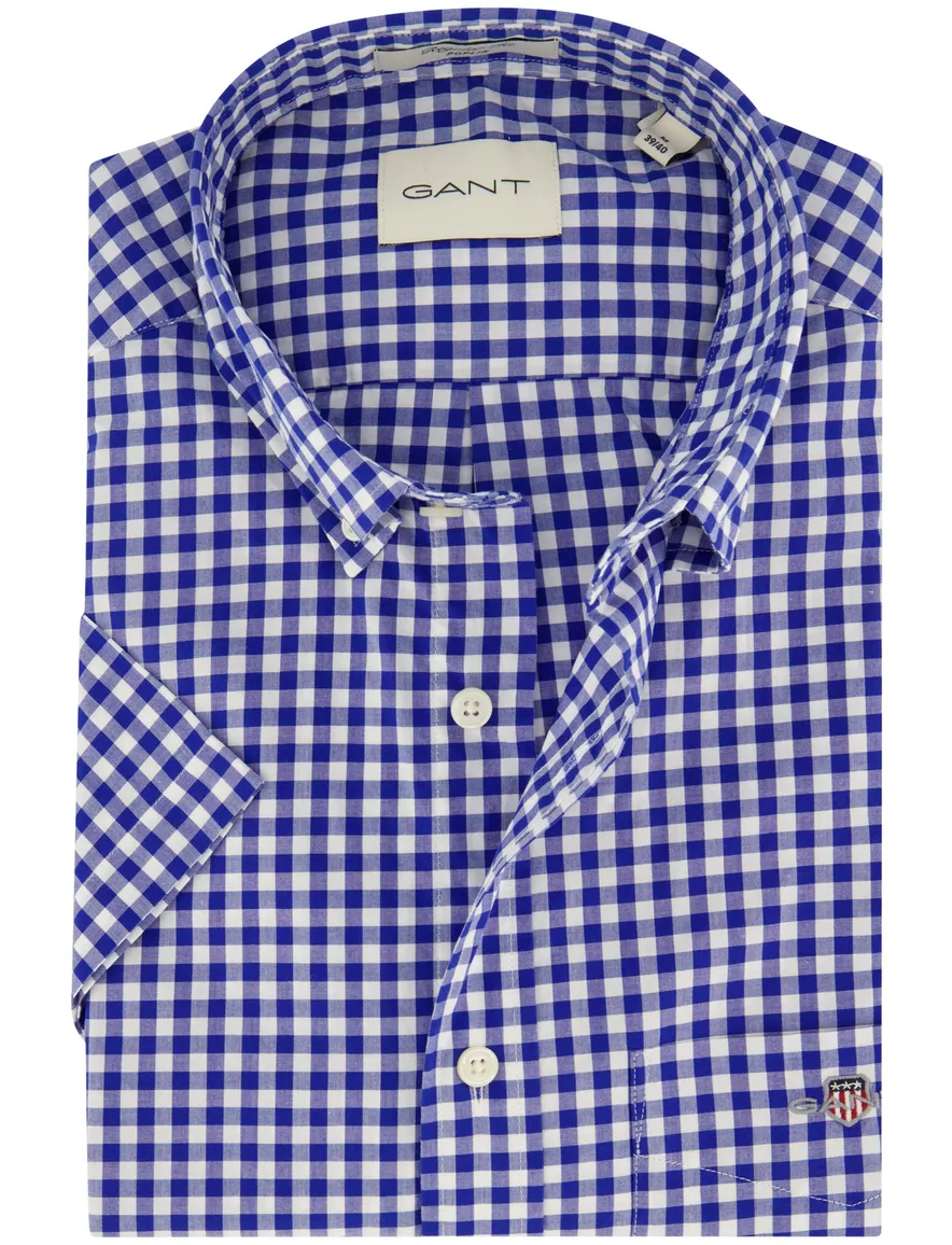 Gant overhemd korte mouw normale fit blauw geruit katoen