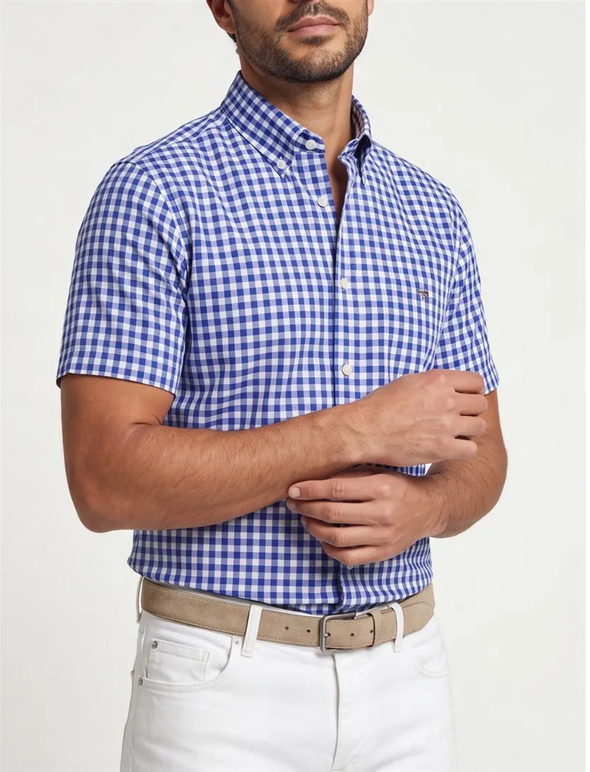 katoenen Gant casual overhemd korte mouw normale fit blauw geruit