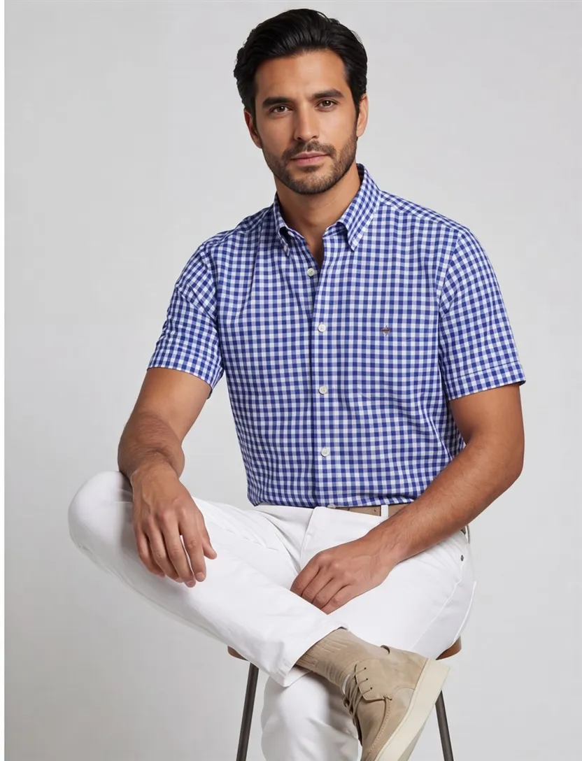 katoenen Gant casual overhemd korte mouw normale fit blauw geruit
