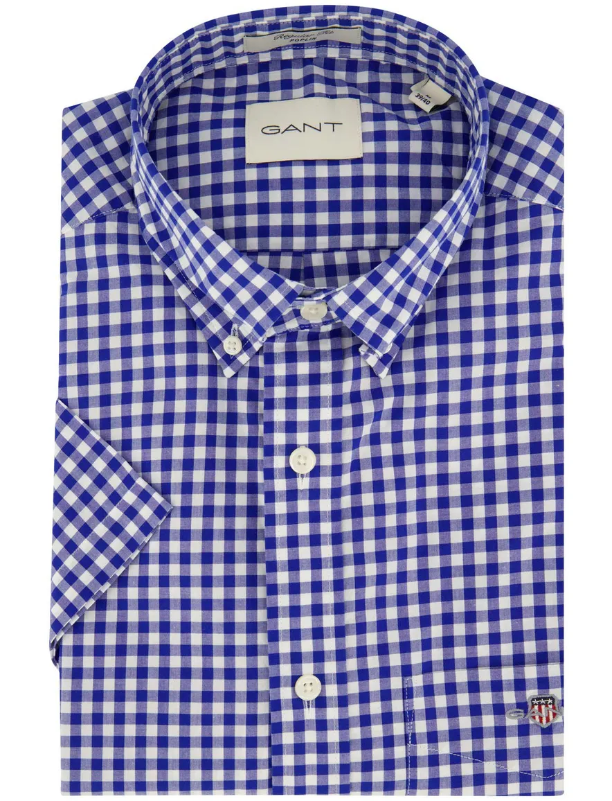 Gant overhemd korte mouw normale fit blauw geruit katoen