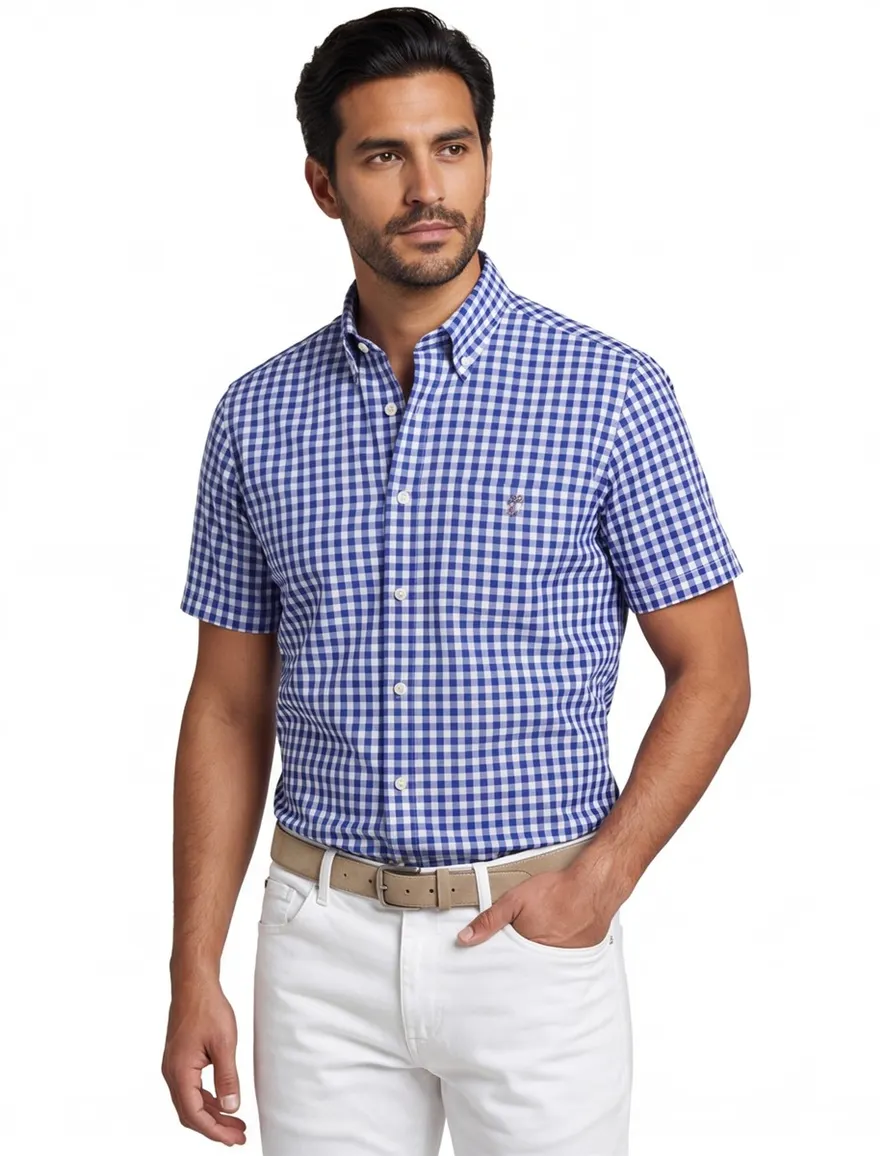 Gant overhemd korte mouw blauw geruit