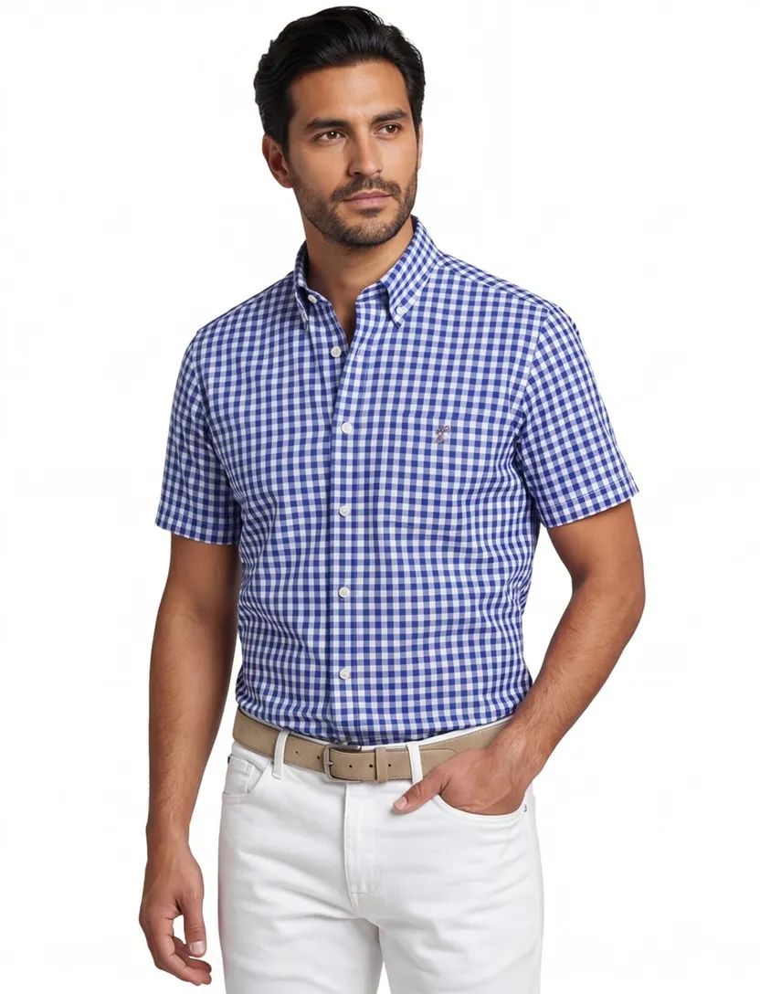katoenen Gant casual overhemd korte mouw normale fit blauw geruit