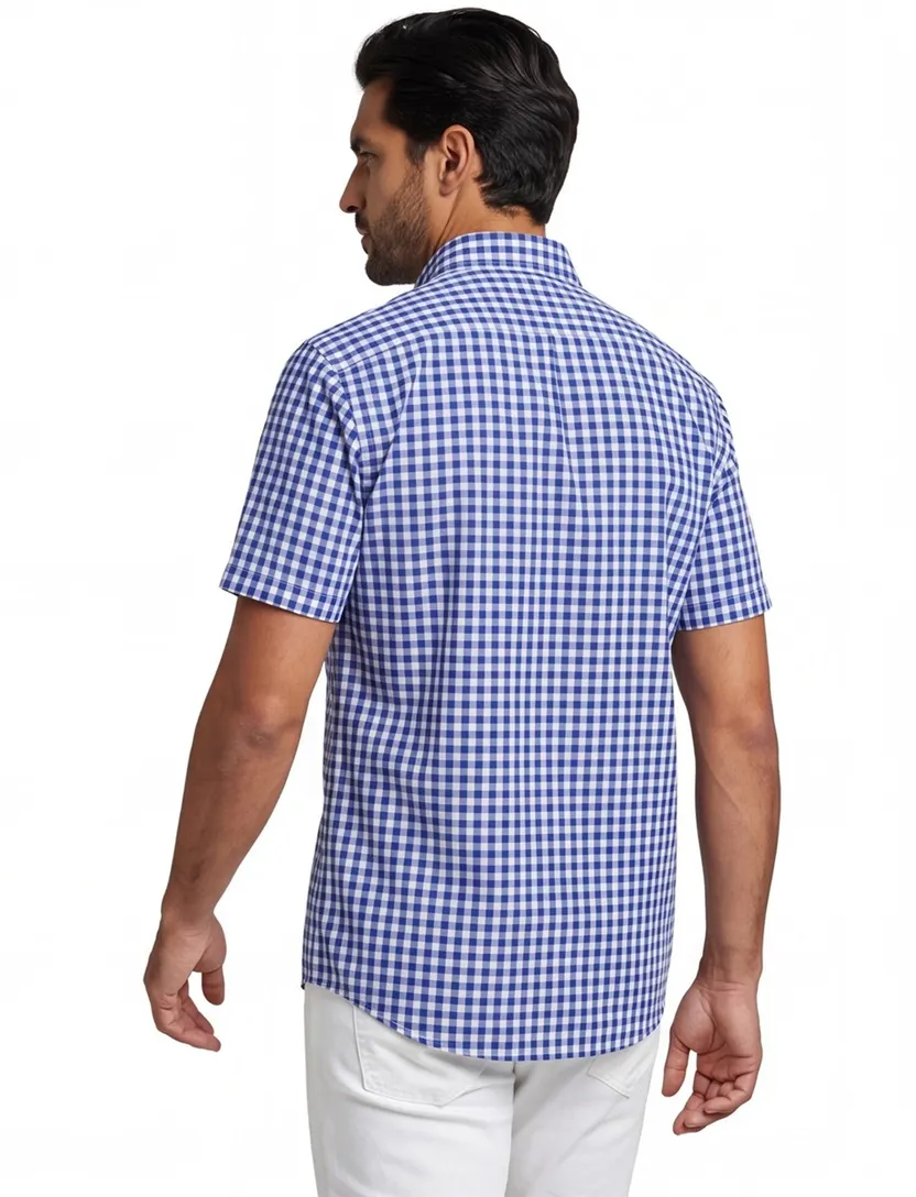 katoenen Gant casual overhemd korte mouw normale fit blauw geruit