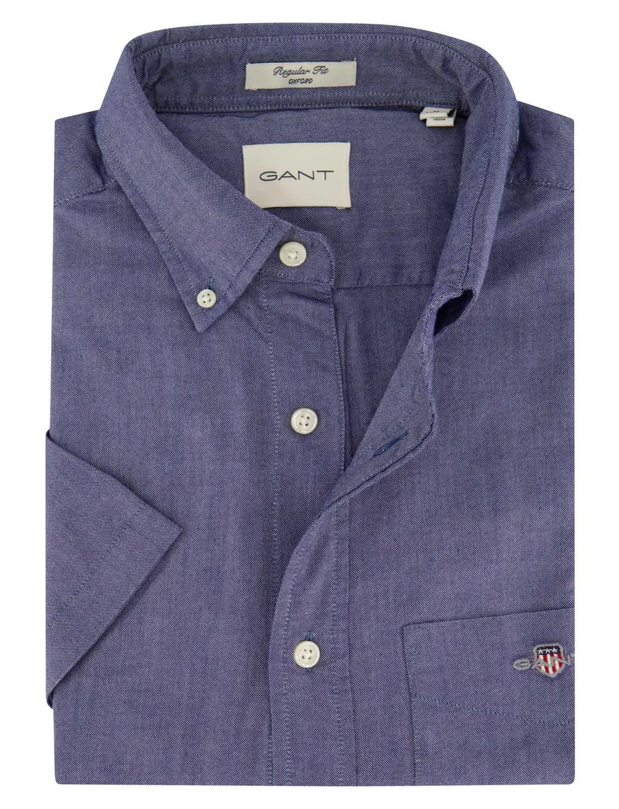 Gant overhemd korte mouw normale fit effen blauw katoen