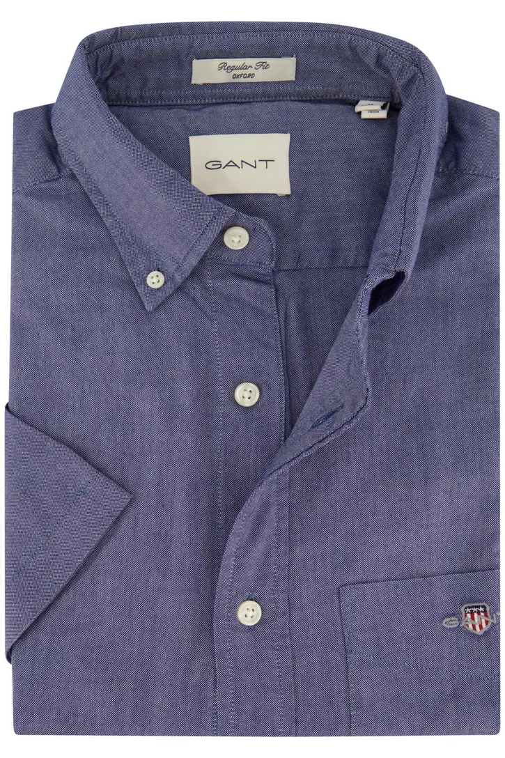 Katoenen Gant overhemd korte mouw effen blauw normale fit