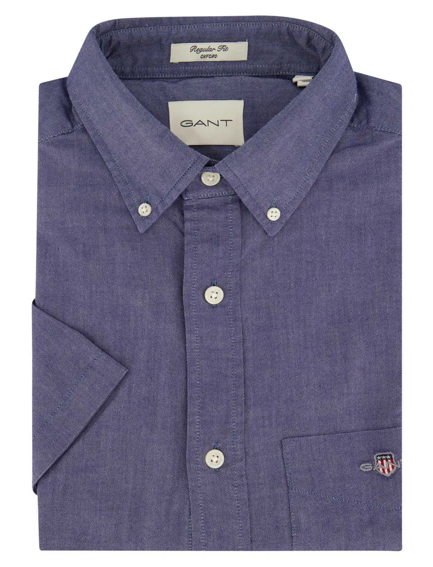 Gant overhemd korte mouw normale fit effen blauw katoen