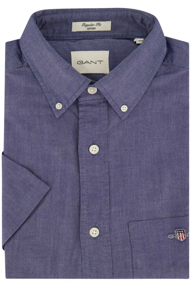 Katoenen Gant overhemd korte mouw effen blauw normale fit