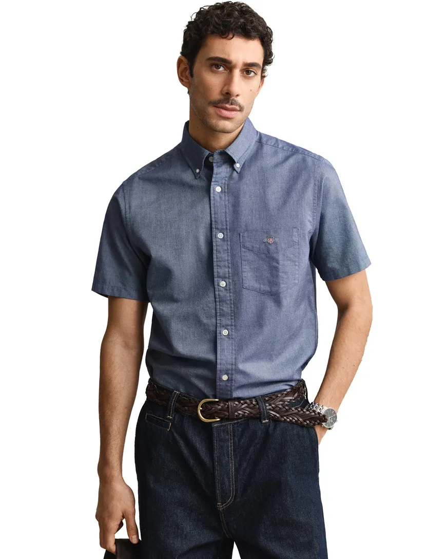 Katoenen Gant overhemd korte mouw effen blauw normale fit