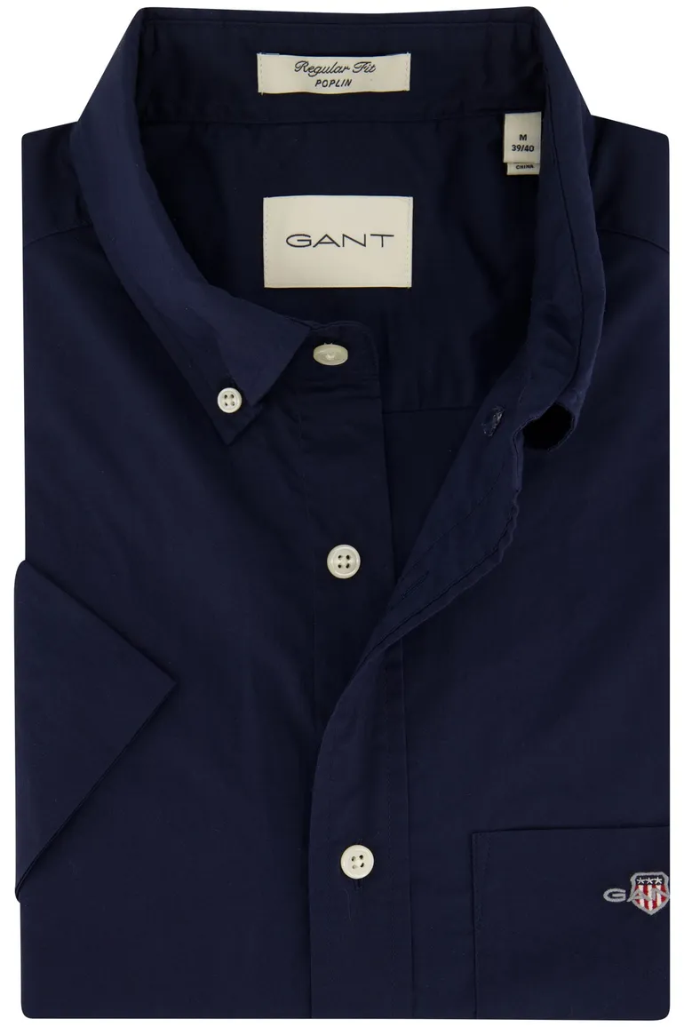 Gant overhemd korte mouw effen donkerblauw normale fit katoen