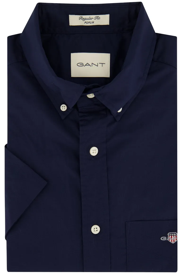 Gant overhemd korte mouw effen donkerblauw normale fit katoen