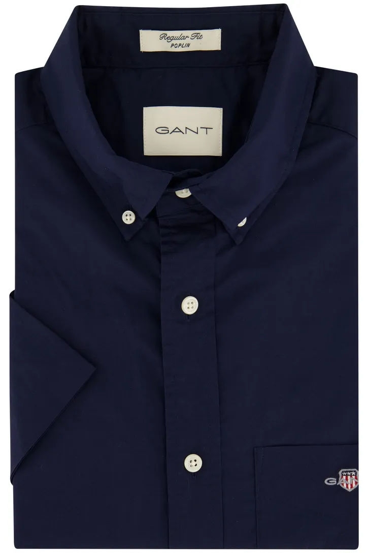 Katoenen Gant overhemd korte mouw effen donkerblauw normale fit