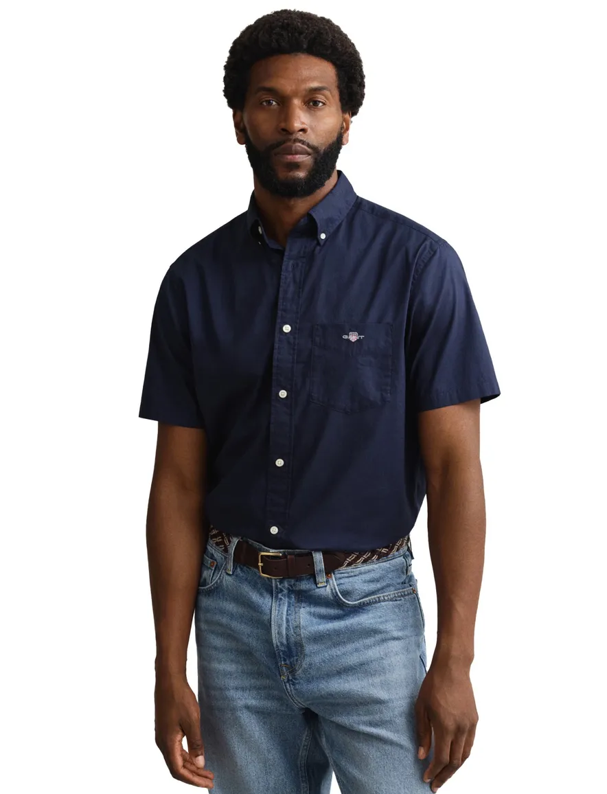 Gant overhemd korte mouw effen donkerblauw normale fit katoen