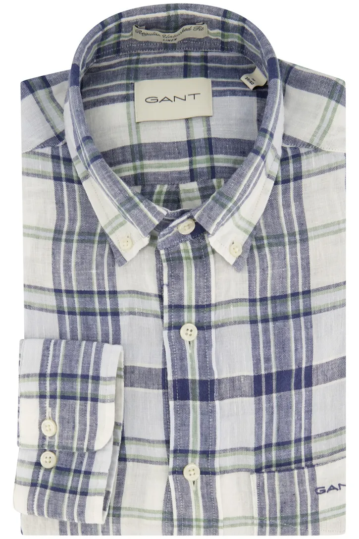 Gant casual overhemd normale fit blauw geruit linnen