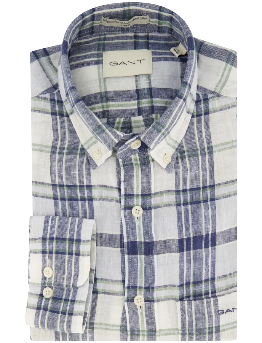 Gant casual overhemd normale fit blauw wit geruit linnen