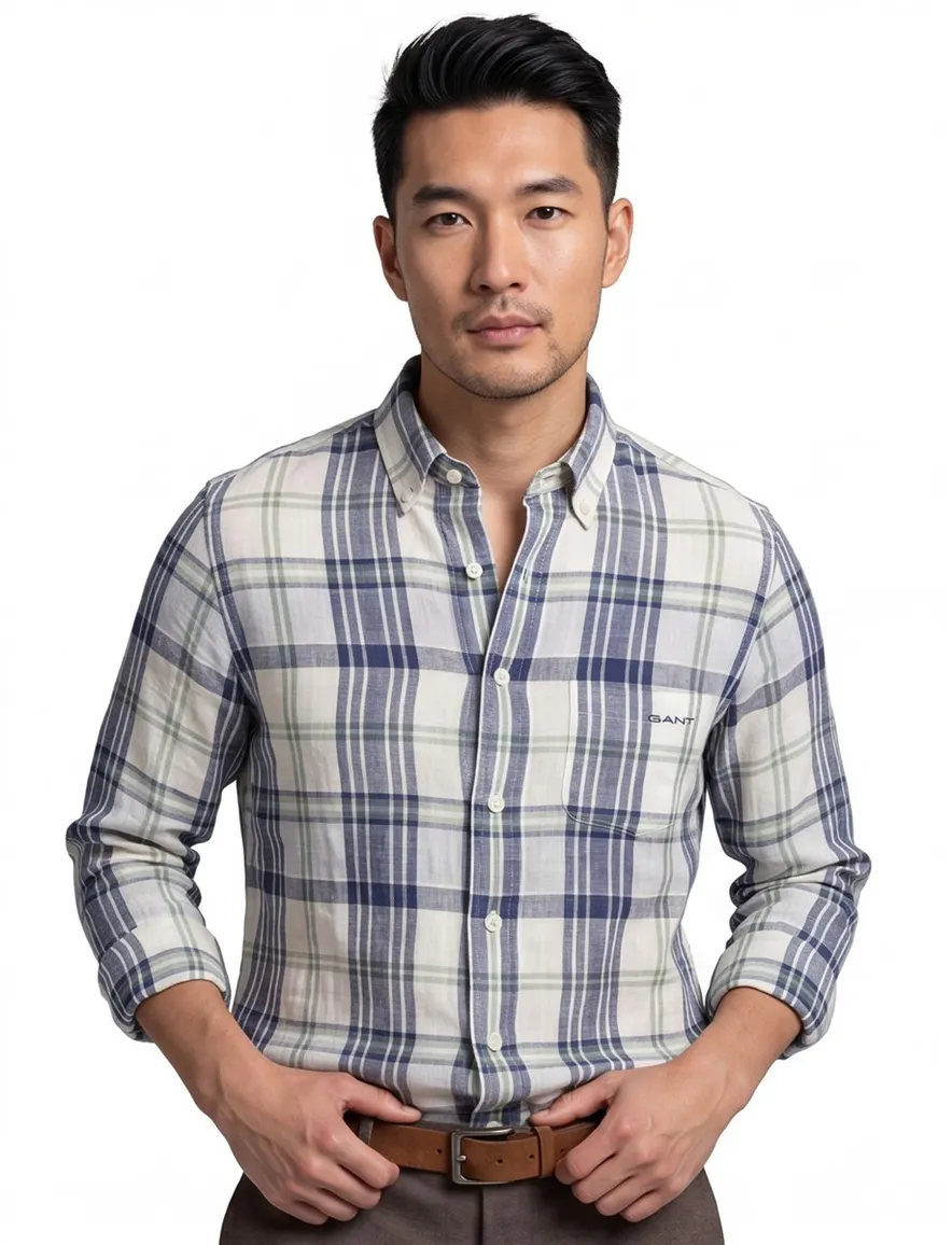 Gant casual overhemd normale fit blauw wit geruit linnen