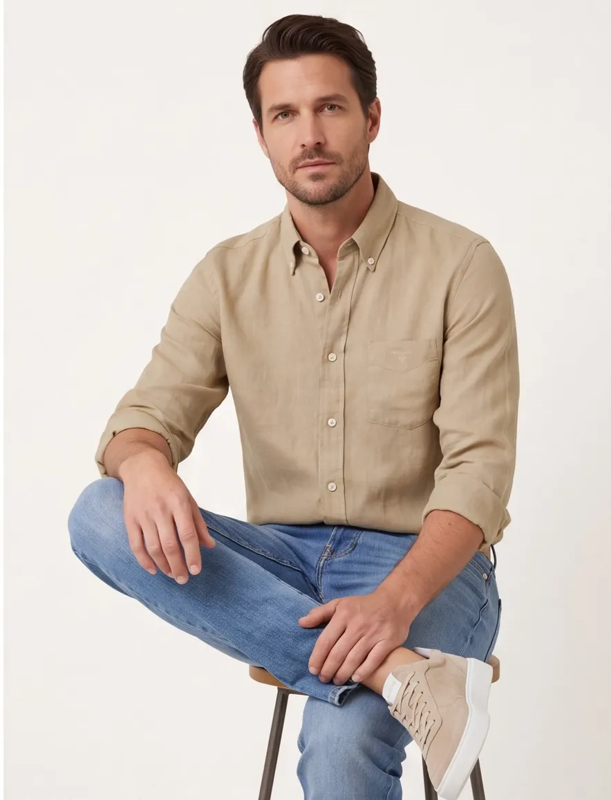 Gant overhemd regular fit beige linnen