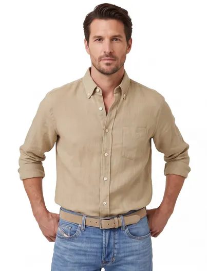 Gant Gant regular fit overhemd beige linnen