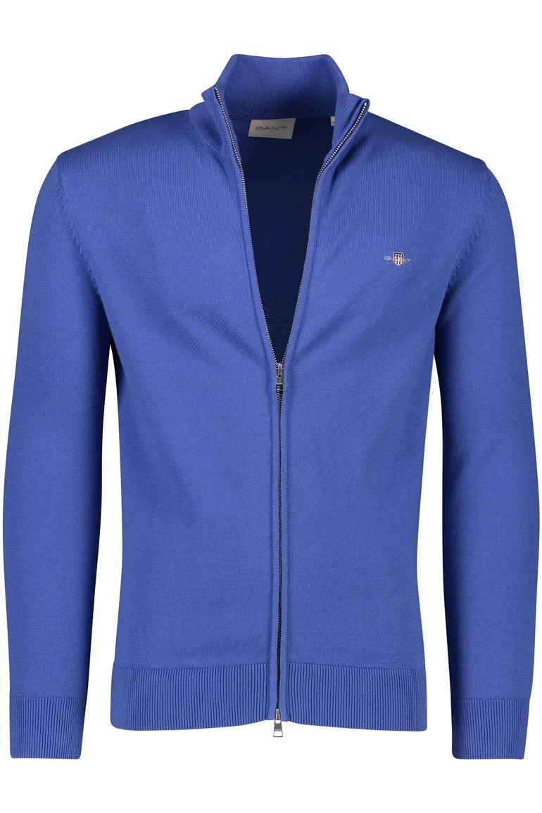 Gant vest blauw rits effen katoen opstaande kraag met logo