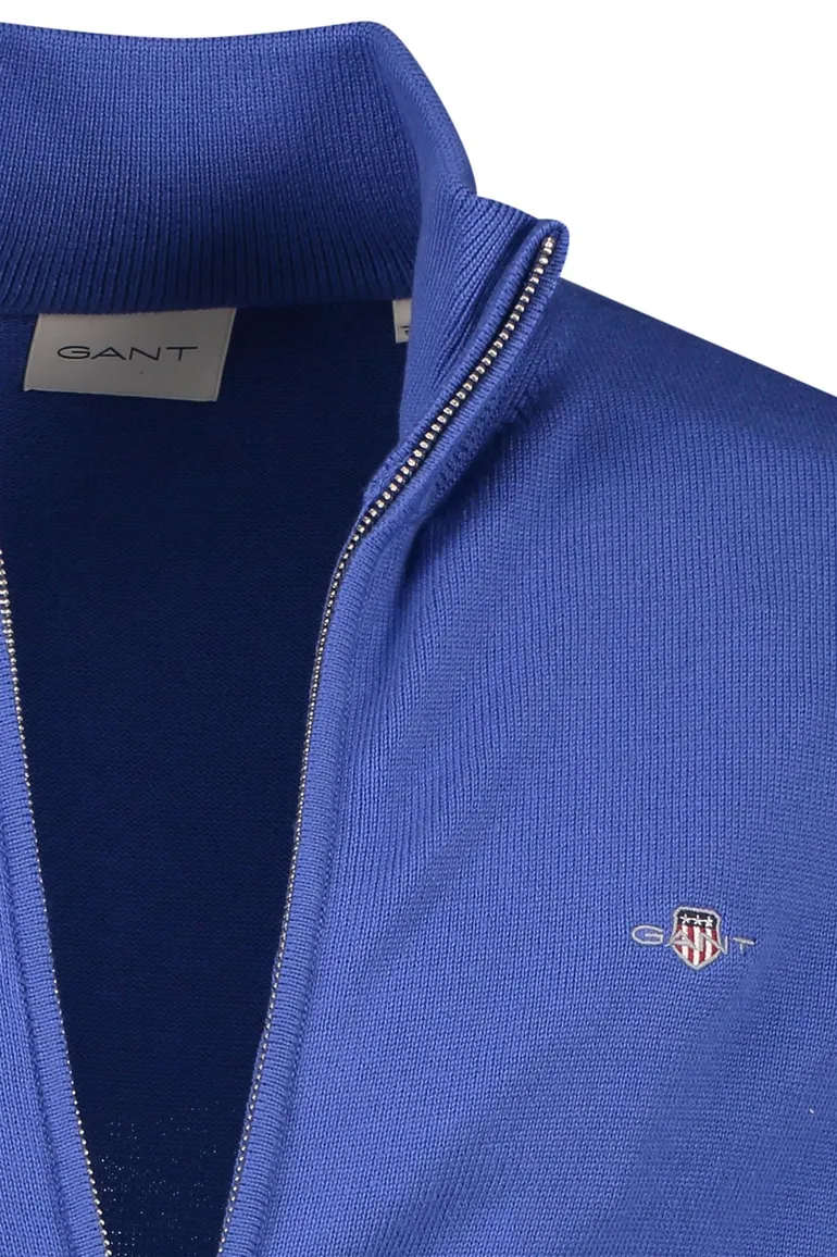 Gant vest blauw rits effen katoen opstaande kraag met logo