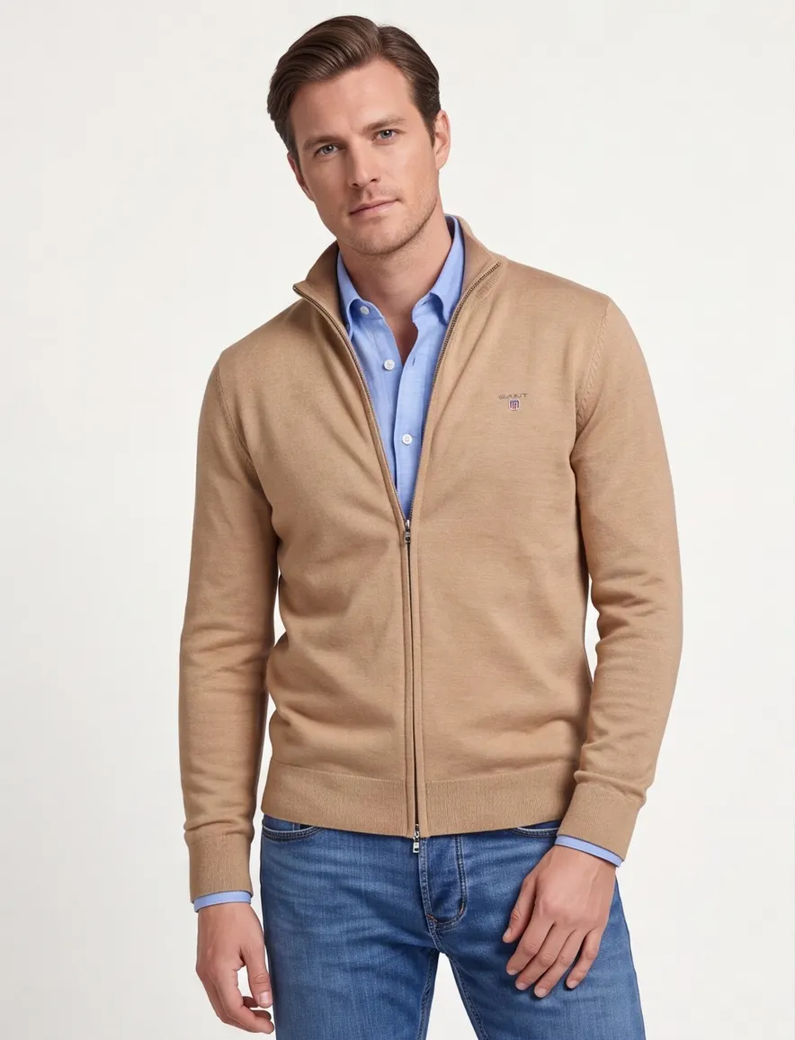 Gant vest camel katoen normale fit ronde hals