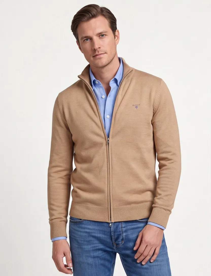 Gant vest ronde hals camel katoen normale fit