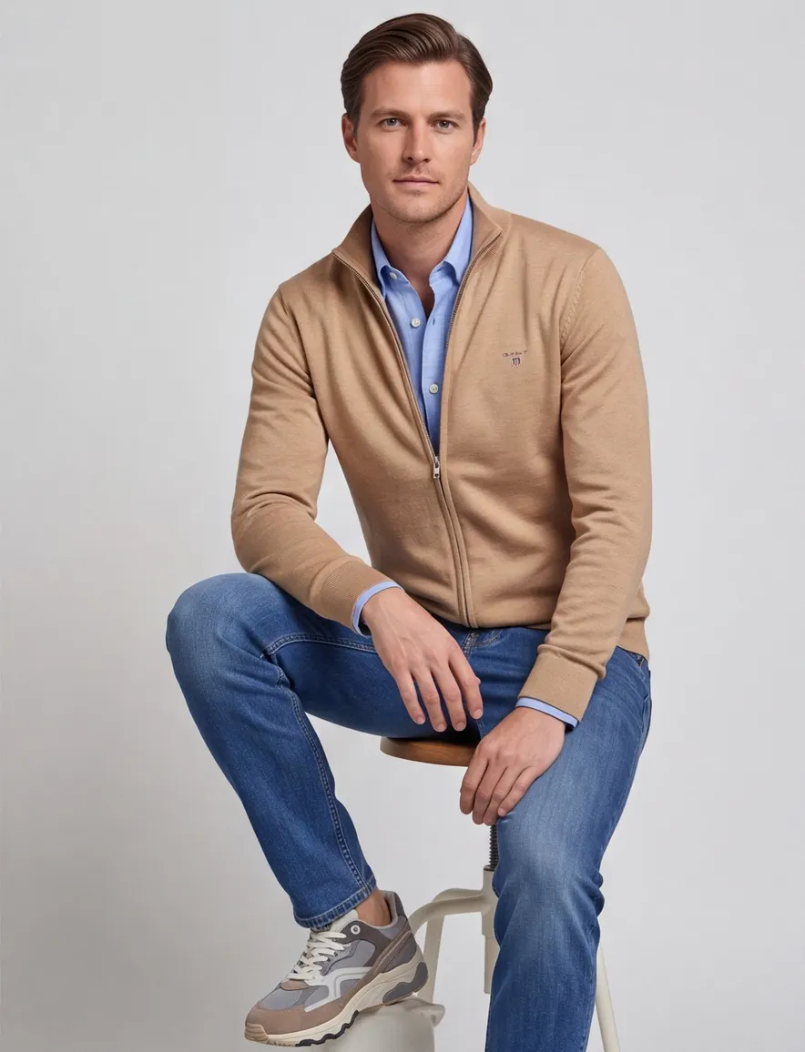 Gant vest camel katoen normale fit ronde hals