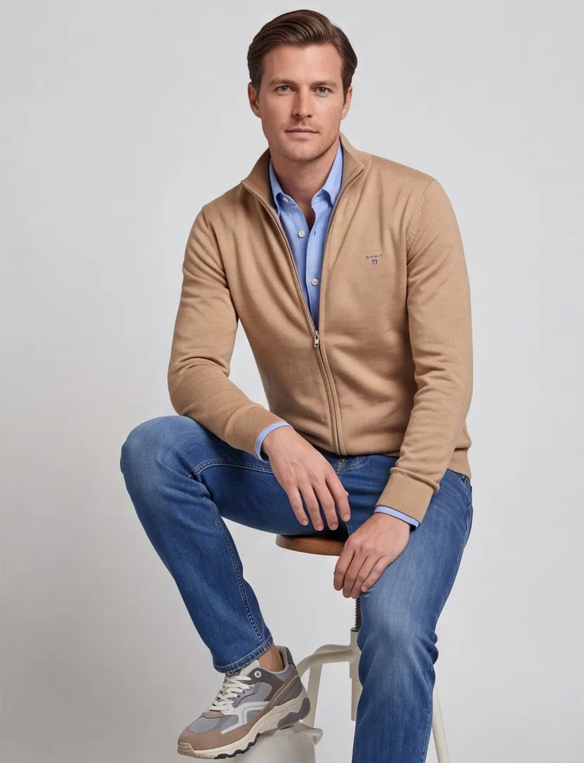 Gant vest ronde hals camel katoen normale fit