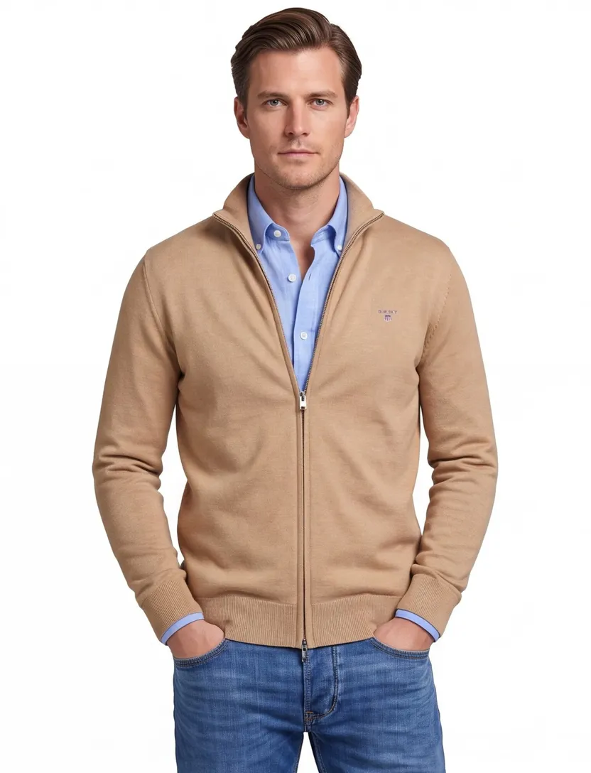 Gant vest ronde hals camel katoen normale fit