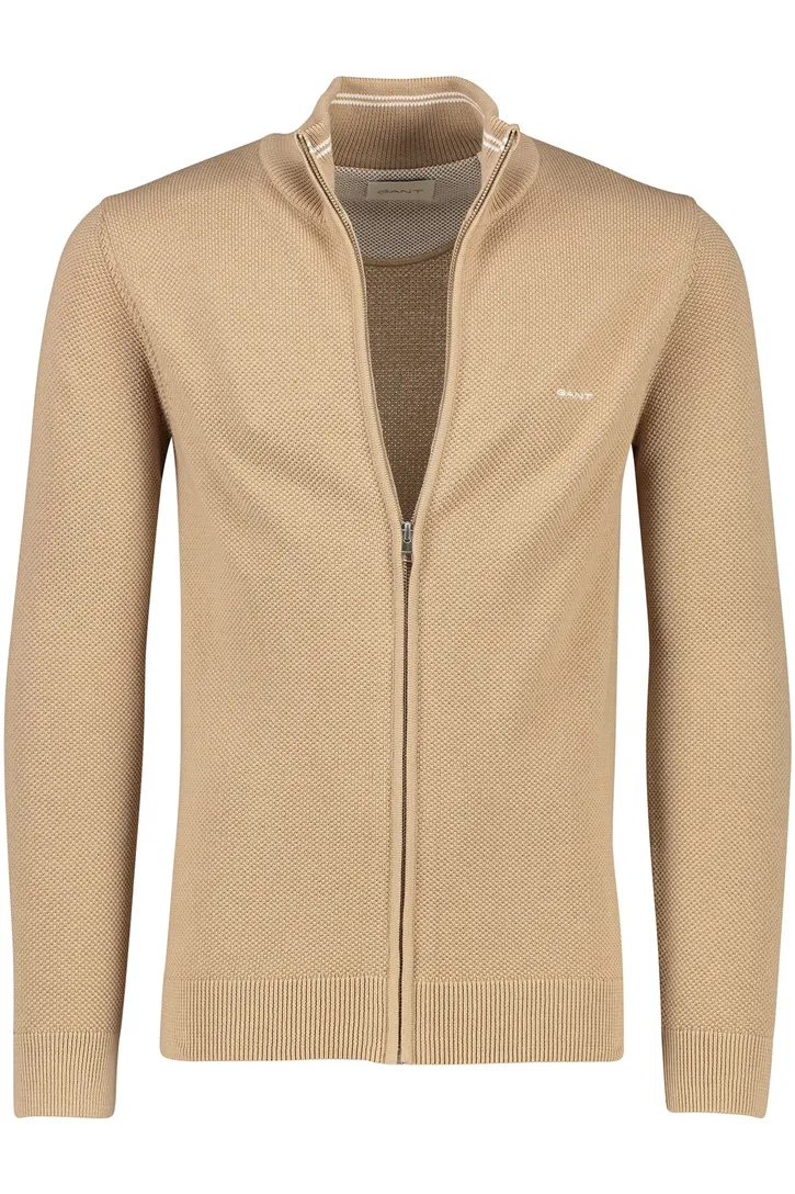 Gant vest camel rits effen katoen opstaande kraag normale fit
