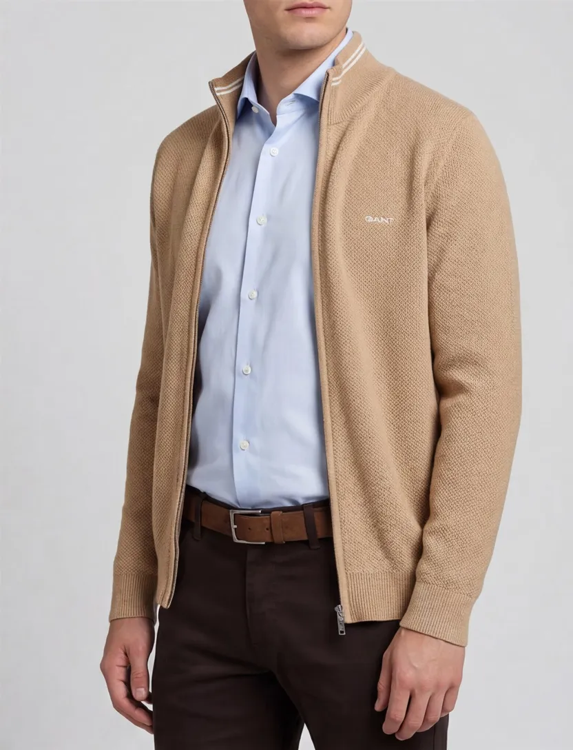 Gant vest camel rits effen katoen opstaande kraag normale fit